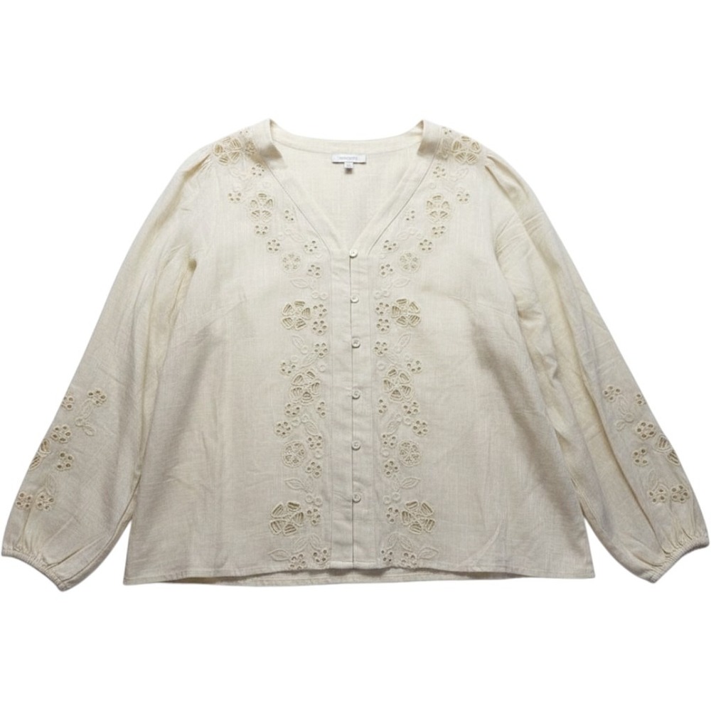 Calligraphie Cream Linen Blend Eyelet Embroidered V-Neck Button Front Blouse 2X